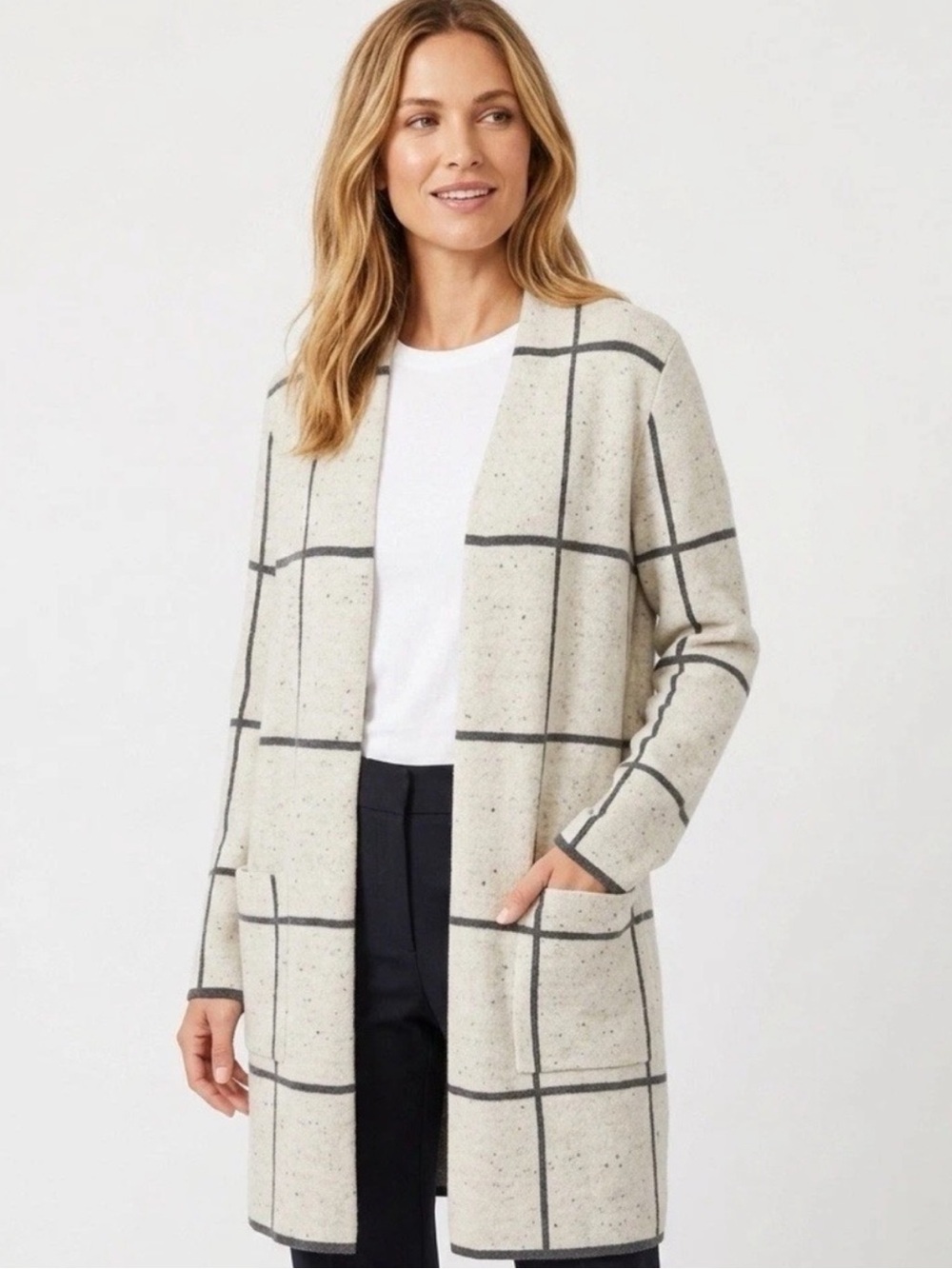 Eileen Fisher Windowpane Cardigan Longline Sweater Large Creme Black Wool Cotton